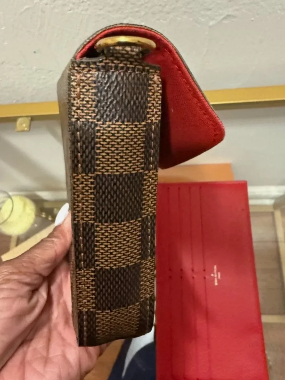 Louis Vuitton Damier Ebene Felicie with Red Wallet Insert Gold Chain Strap